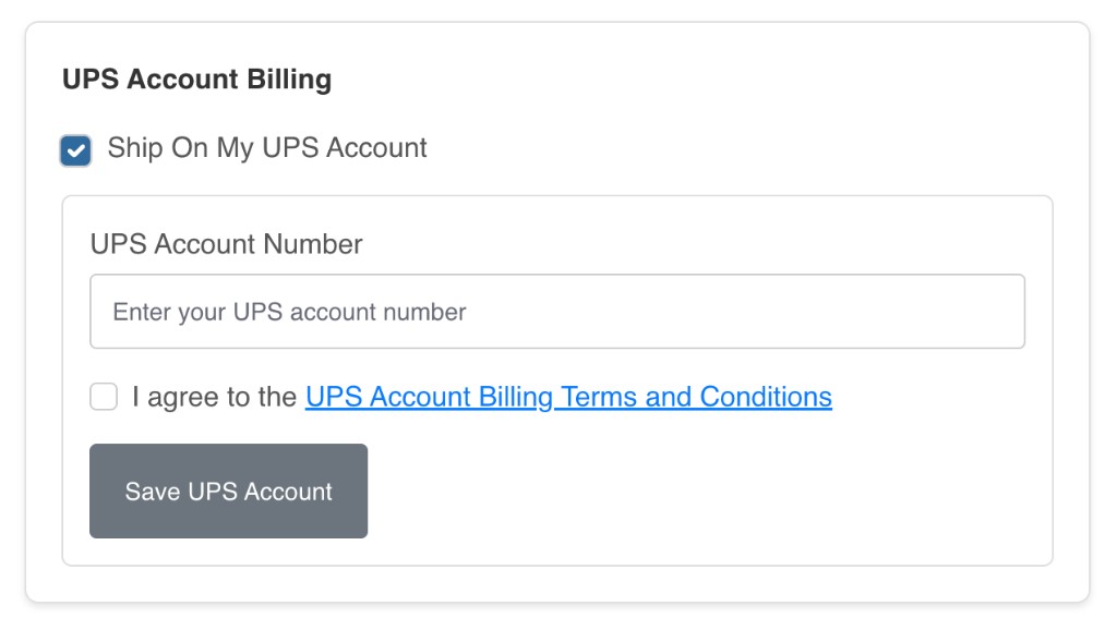 Checkout: UPS Account Billing section with Ship On My UPS Account checked, account number field, terms checkbox, and Save UPS Account button.